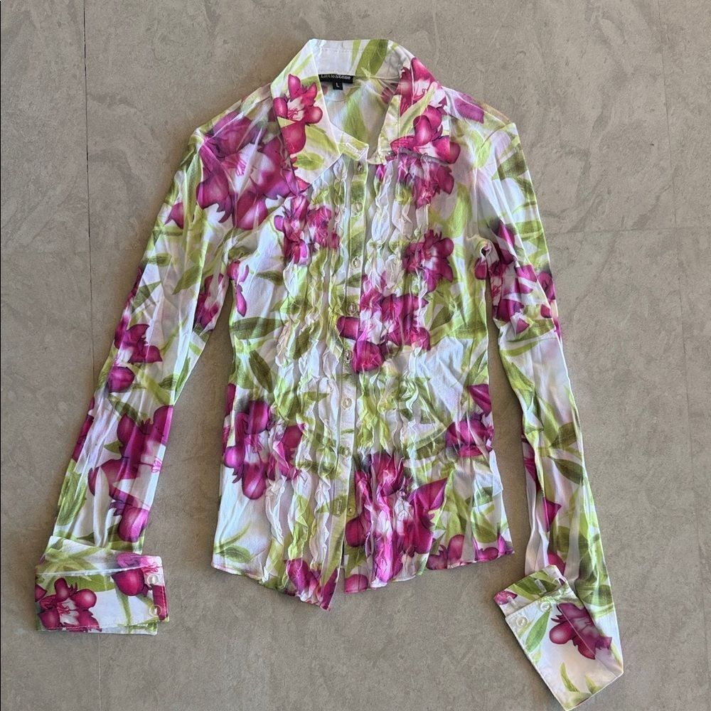 Liz Claiborne Pink and Green Floral Button-Down Shirt
